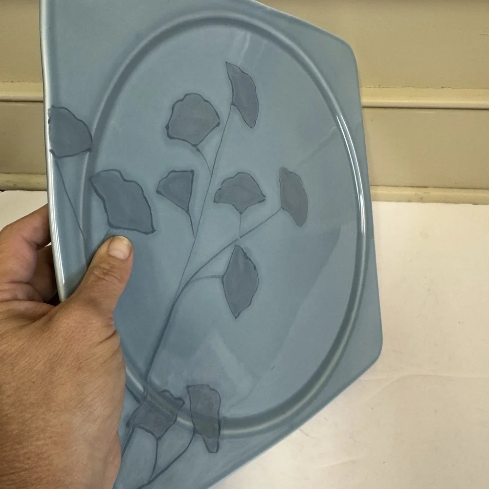 Pier 1 Square Earthenware Gingko Serving Platter Blue Flower Leaves Portugal 12